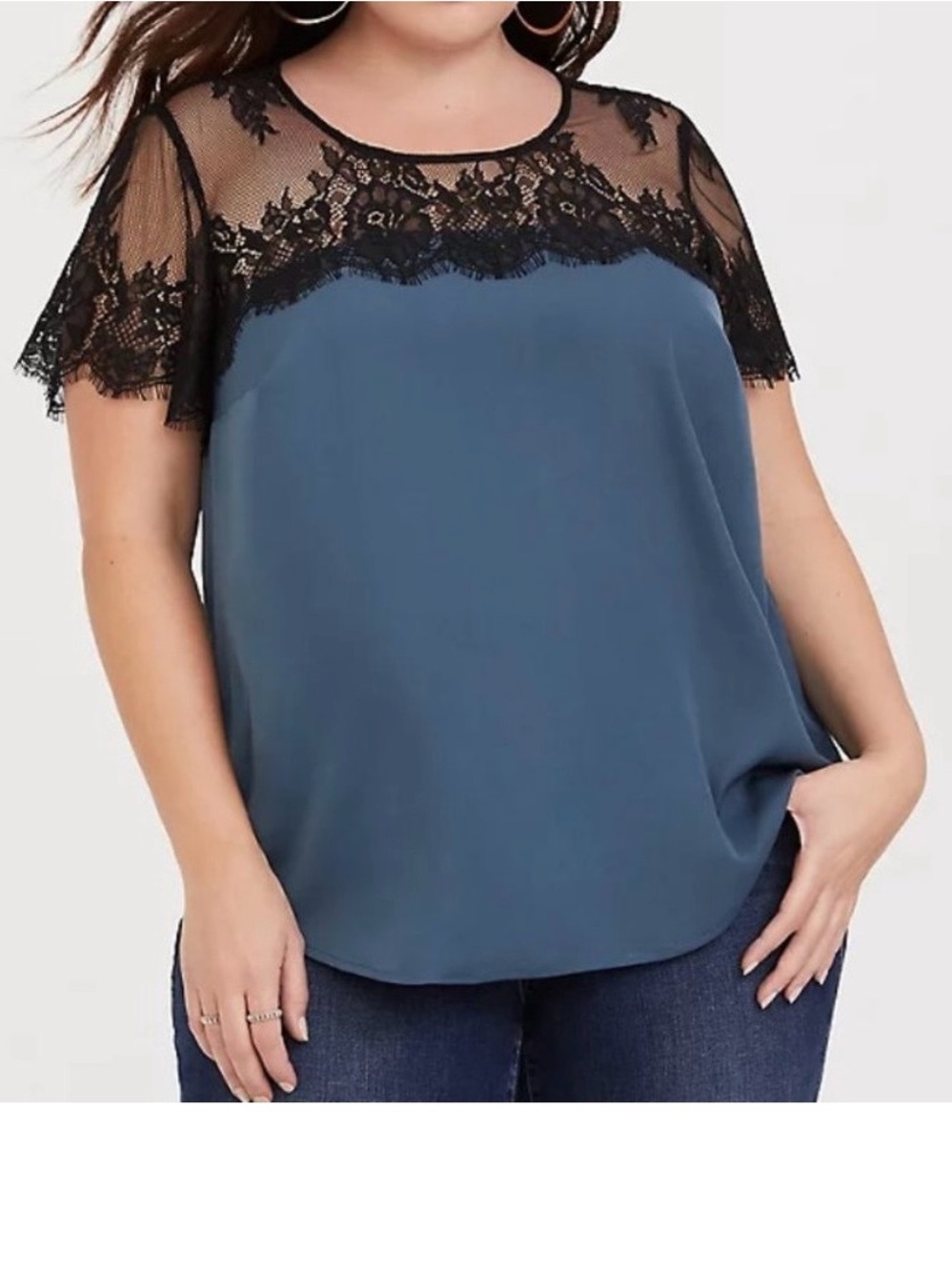 torrid Slate Blue Top with Black Lace Yoke